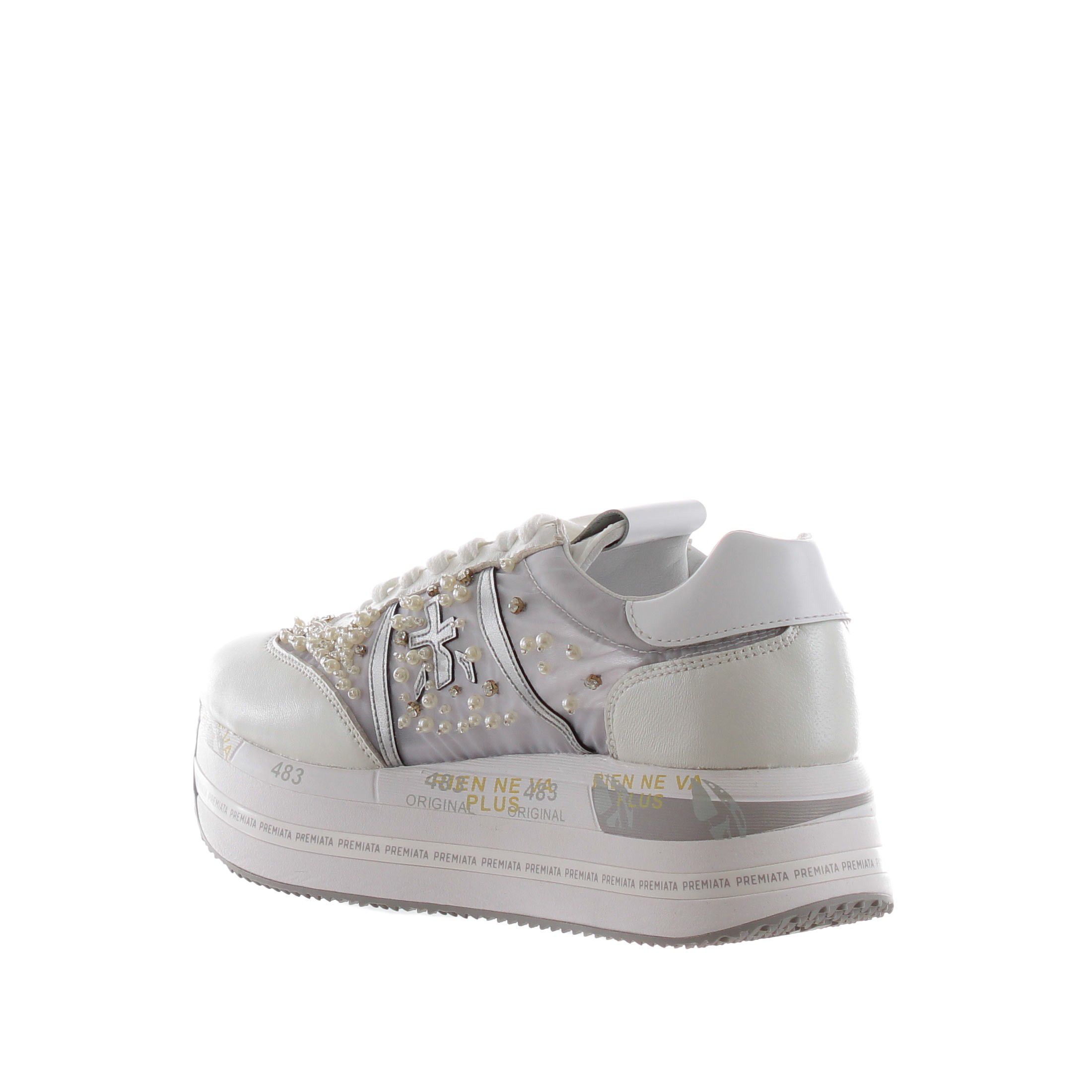 Premiata sneaker in pelle e nylon con perline da donna