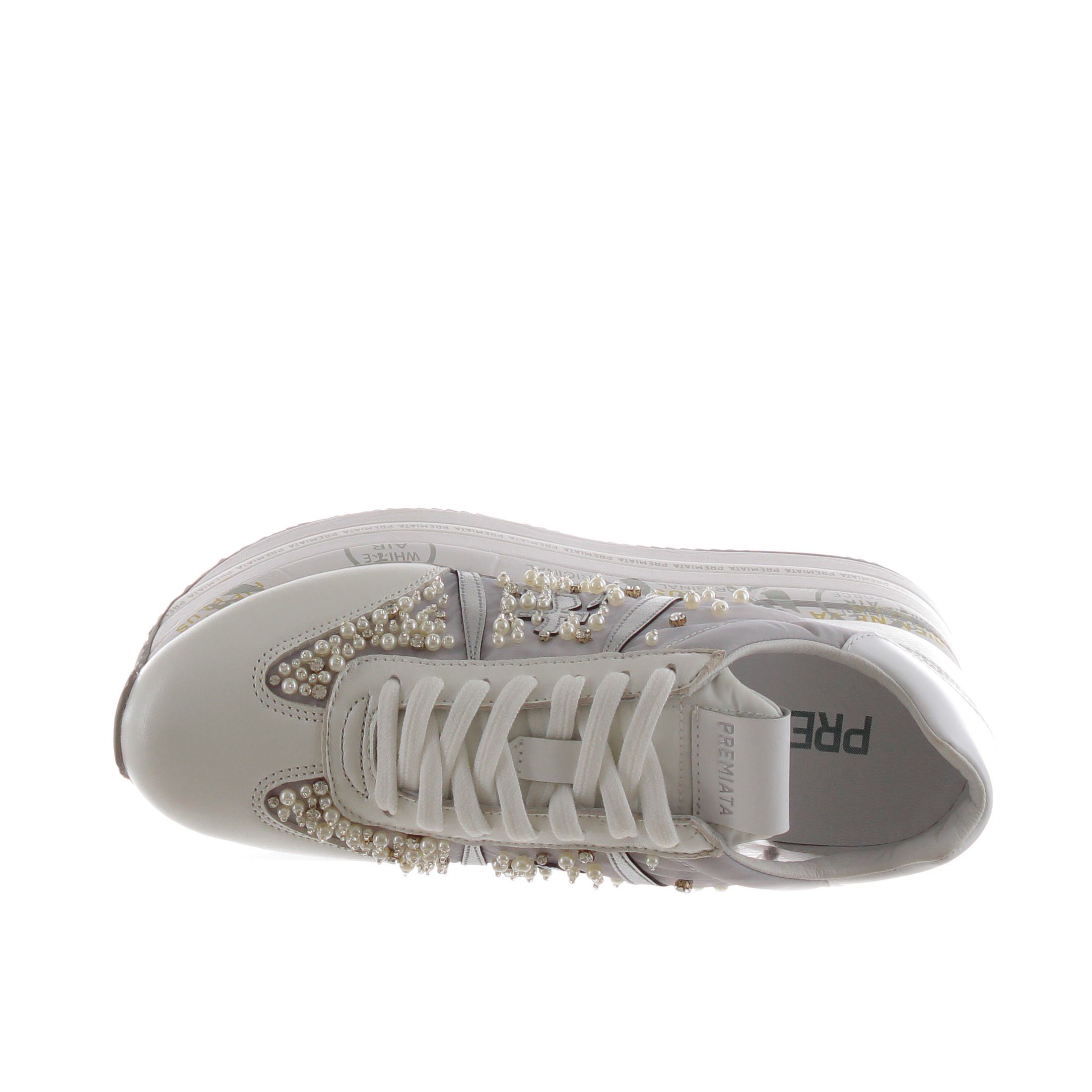 Premiata sneaker in pelle e nylon con perline da donna